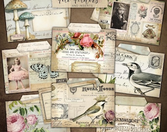 Junk Journal File Folders, Printable Kit, Vintage Paper Ephemera, DIGITAL DOWNLOAD, Journaling Cards & Pockets