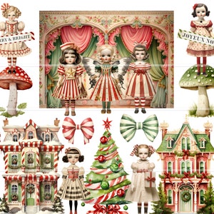 Christmas Crafting druckbare vintage Puppen, Clip Art, französische Spielzeugtheatervorhänge, Pilze, Junk Journal Kit, digitaler Download, Scrapbook