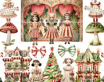 Christmas Crafting printable vintage dolls, clip art, french toy theater curtains, mushrooms, junk journal kit, digital download, scrapbook