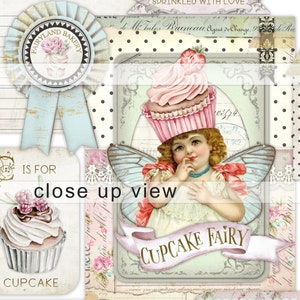 May include: A vintage-style illustration of a fairy wearing a pink cupcake hat. The fairy has wings and is holding a finger to her lips. The text "CUPCAKE FAIRY" is written on a banner below the fairy.