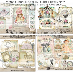 May include: A collection of whimsical circus and fairy-themed digital collage elements. The designs include tags, journal pages, pockets, and a recipe card. The color palette features soft pastels and vintage illustrations. Text includes "Cupcake Fairy" and "Circus Images".