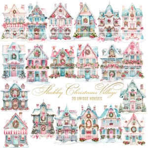 Case di Natale stampabili Shabby Chic, kit diario di Natale rosa, effimeri natalizi rosa digitali, stile casa Putz, carta per scrapbooking