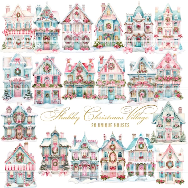 Shabby Chic Printable Christmas Houses, Pink Christmas junk journal kit, digital pink Christmas ephemera, Putz house style, scrapbook paper