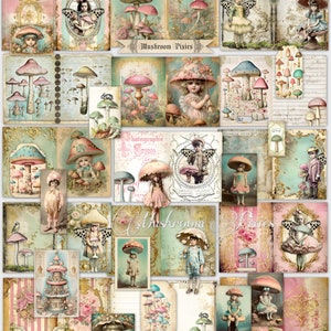 Mushroom Pixies junk journal kit, junk journal mushrooms, printable pages, digital ephemera, vintage mushroom images, card making, scrapbook