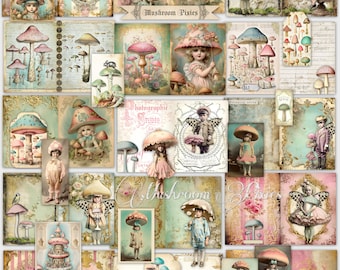 Mushroom Pixies junk journal kit, junk journal mushrooms, printable pages, digital ephemera, vintage mushroom images, card making, scrapbook