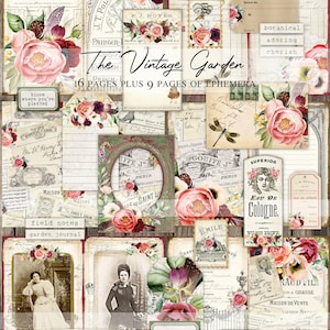 May include: A digital collage sheet with a vintage garden theme. The sheet features floral illustrations, text, and decorative elements in shades of pink, red, and green. The text includes the words "The Vintage Garden" and "16 Pages Plus 9 Pages of Ephemera".