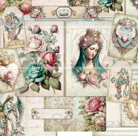 printable prayer journal, Catholic planner, prayer cards, sacred heart, junk journal digital kit, rosary, prayers, pages, Virgin Mary images