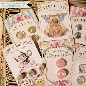 Tarjetas con botones para imprimir, botones vintage, diario basura, álbum de recortes, etiquetas para diario, hoja de collage digital, kit de efímeras, imágenes de costura vintage