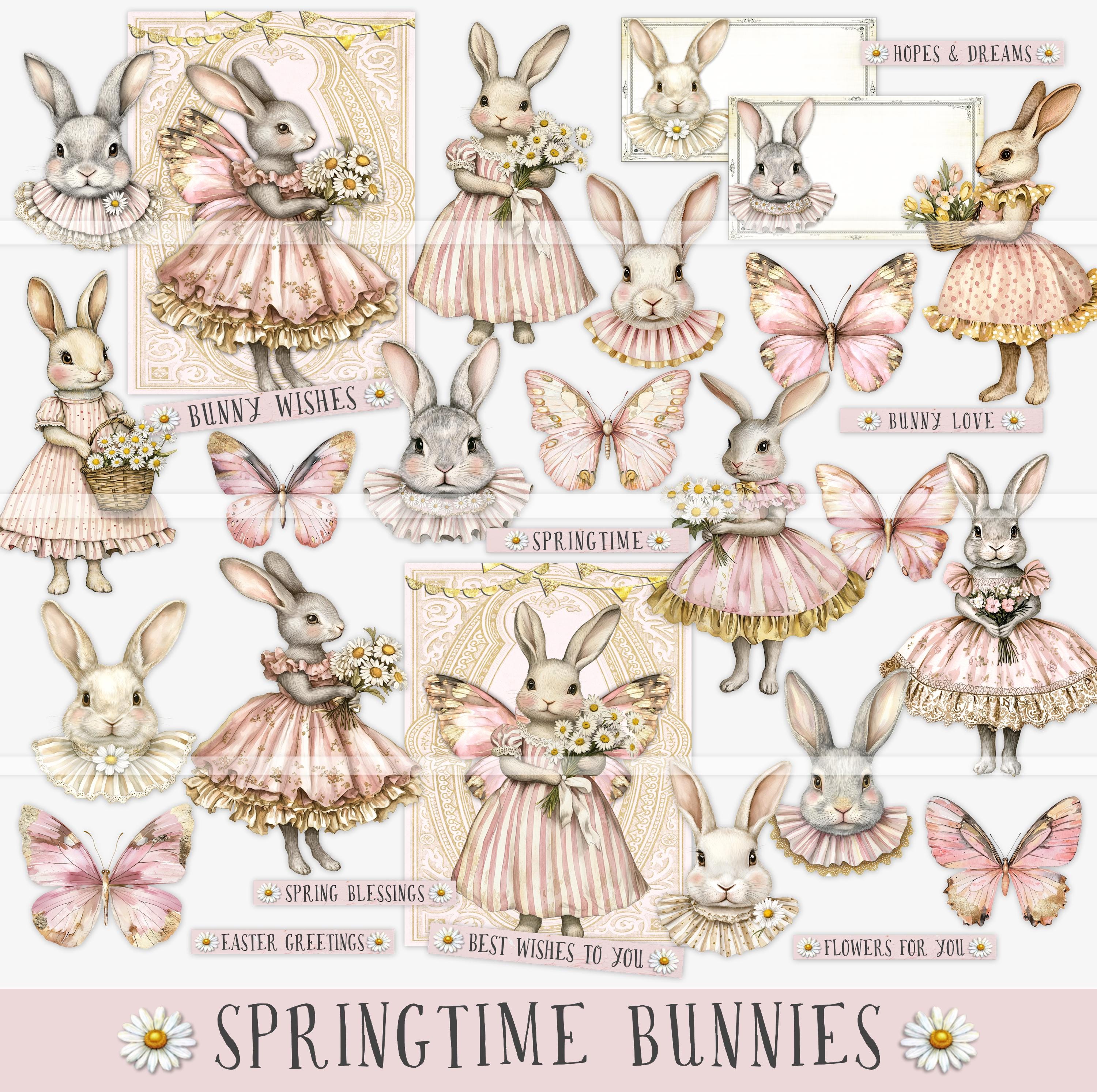 Springtime Bunnies, paper crafting kit, printable, junk journal, fussy cut ephemera, vintage bunny rabbits, Easter paper pack, scrapbooking