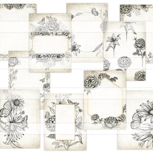 May include: A collection of vintage-style stationery cards with floral and butterfly illustrations. The cards feature detailed black and white drawings of roses, lilies, and other flowers, with some cards having gold frames.