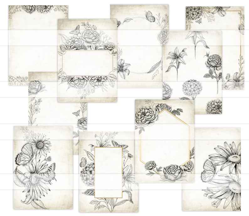May include: A collection of vintage-style stationery cards with floral and butterfly illustrations. The cards feature detailed black and white drawings of roses, lilies, and other flowers, with some cards having gold frames.