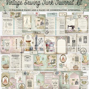 Kit diario di cucito vintage, pagine stampabili, materiale effimero a tema cucito, carte per diario, download digitale, etichette per diario, buste