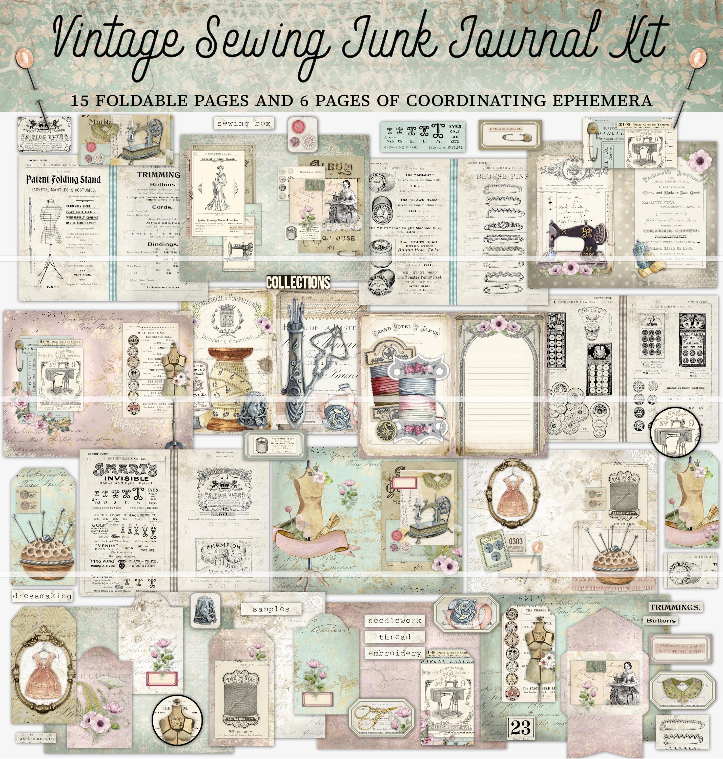 Vintage Sewing Junk Journal Kit, printable pages, sewing theme ephemera, journaling papers, digital download, journaling tags, envelopes
