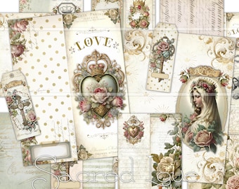 May include: A digital collage sheet with a vintage aesthetic featuring images of roses, hearts, crowns, keys, and a religious figure. The sheet includes the word "LOVE" in gold lettering and the phrase "Sacred Love" in a decorative font.