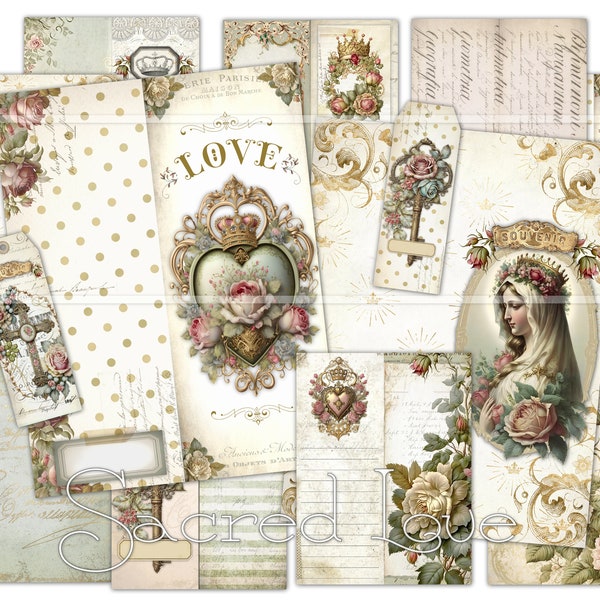 Afdrukbare junk journal kit, Katholiek gebedsdagboek, Heilig Hart van Maria, vintage gebedskaarten, Maagd Maria, ex voto, vlammend hart digitaal