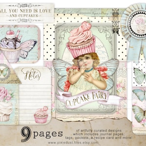 Cupcake Junk Journal Kit Printable Recipe Card Baking Journal Cooking Theme Journal vintage paper Cupcakes Fairy shabby chic butterfly wings