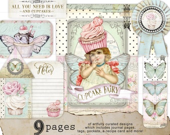 Recipe Junk Journal Printable Pages Cupcake Fairy vintage baking images recipe cards digital collage sheet cupcakes fairies cooking images