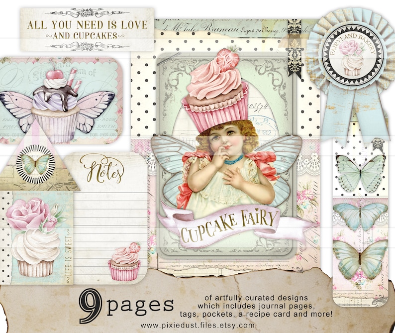May include: A digital scrapbook kit with 9 pages featuring a cupcake fairy, butterflies, and the text "All you need is love and cupcakes". The kit includes journal pages, tags, pockets, a recipe card, and more.