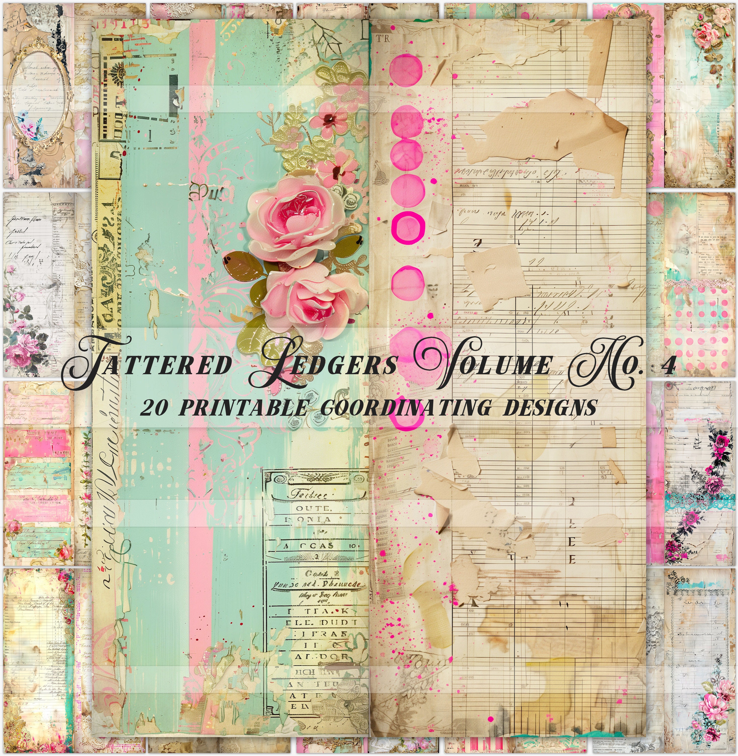 Printable Tattered Antique Ledger Papers, Pink Junk Journal Pages ...