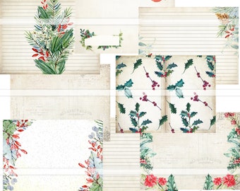 Christmas junk journaling pages, printable, lined paper, vintage Christmas ephemera, winter junk journal digi kit, collage sheeets scrapbook
