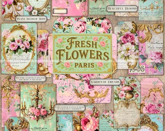 Printable Junk Journal Papers, Fresh Flowers, Shabby Chic Roses, journaling cards, DIGITAL DOWNLOAD