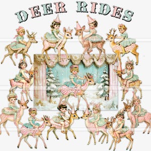 Deer Rides, bambole di carta stampabili, immagini ritagliate con cura, bambini vintage, kit di diario spazzatura, collage, scrapbooking, lavori di carta, pixiedustfiles