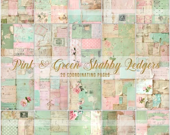 Shabby Ledgers, printable junk journal pages, foldable papers, digital download, digi journal kit, Pink and Green Scrapbook Collage Papers