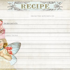 May include: A printable recipe card with a vintage design featuring a fairy with wings and a cupcake on her head. The card has lines for writing down the recipe name, ingredients, and directions. The text "RECIPE" is at the top of the card.