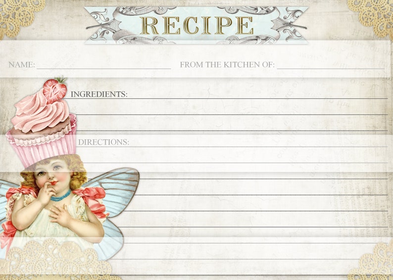 May include: A printable recipe card with a vintage design featuring a fairy with wings and a cupcake on her head. The card has lines for writing down the recipe name, ingredients, and directions. The text "RECIPE" is at the top of the card.
