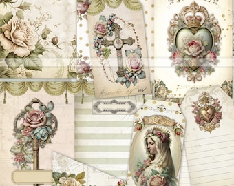 May include: A digital paper pack with a vintage aesthetic featuring images of roses, keys, crosses, hearts, and religious figures. The paper pack includes various patterns and textures, including polka dots, stripes, and floral designs. The paper pack is perfect for scrapbooking, card making, and other paper crafts.
