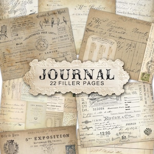 May include: A collage of vintage ephemera, including receipts, handwritten notes, and advertisements. The central element features a banner that reads "JOURNAL 22 FILLER PAGES". The color palette is primarily beige and sepia tones.