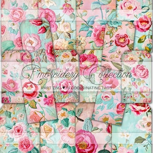 Broderie florale, étiquettes imprimables pour journaux indésirables, éphémères numériques, papier vintage floral, album de coupures, cartes de journalisation, kit de journal indésirable pastel