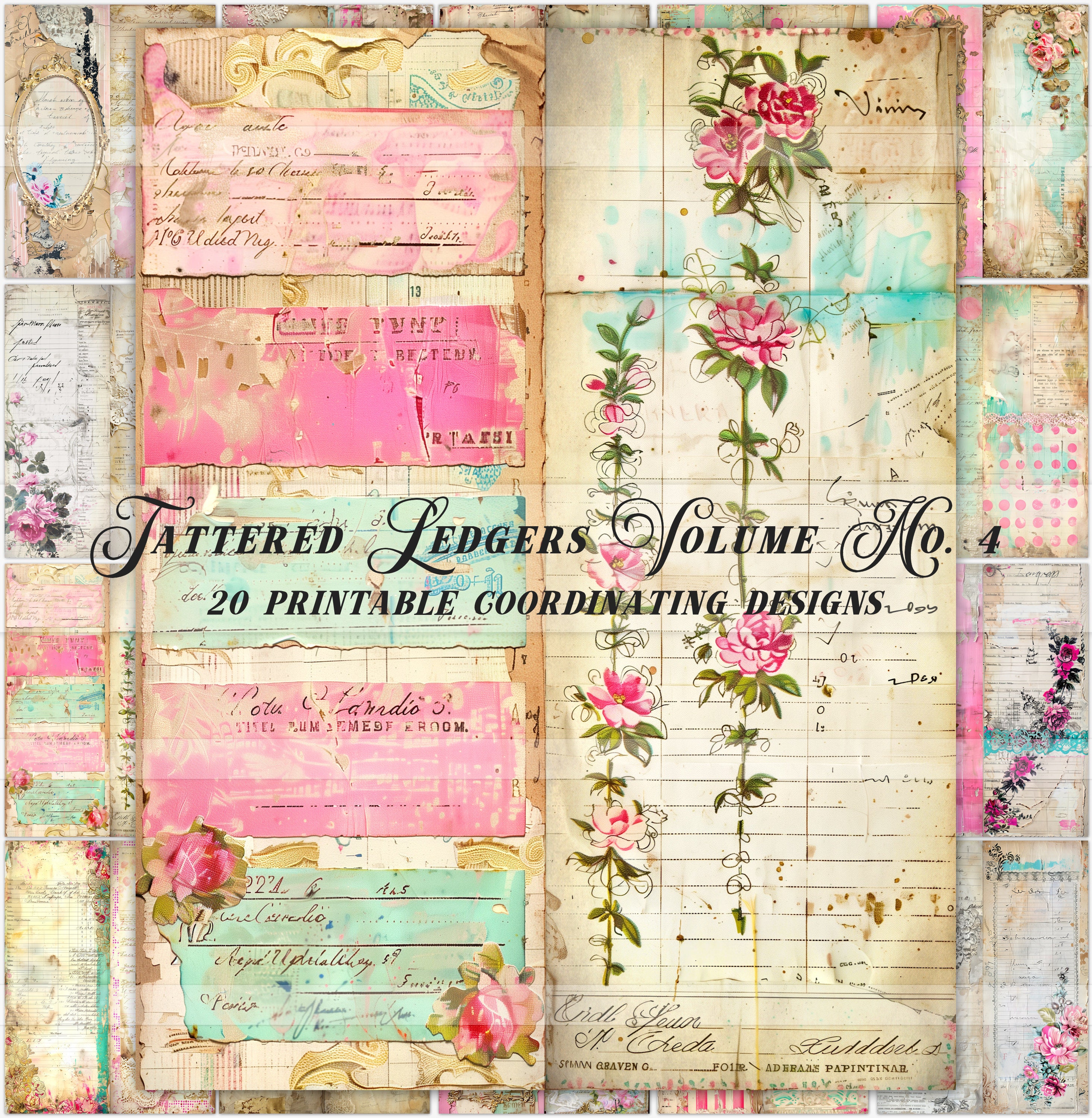 Printable Tattered Antique Ledger Papers, Pink Junk Journal Pages ...