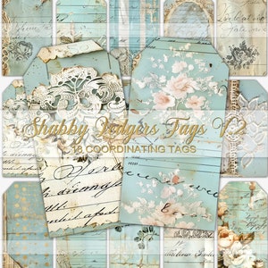 May include: A set of 18 coordinating digital scrapbook paper tags in a shabby chic style. The tags feature a variety of designs, including floral patterns, lace, and handwritten text. The tags are perfect for adding a vintage touch to your crafts.