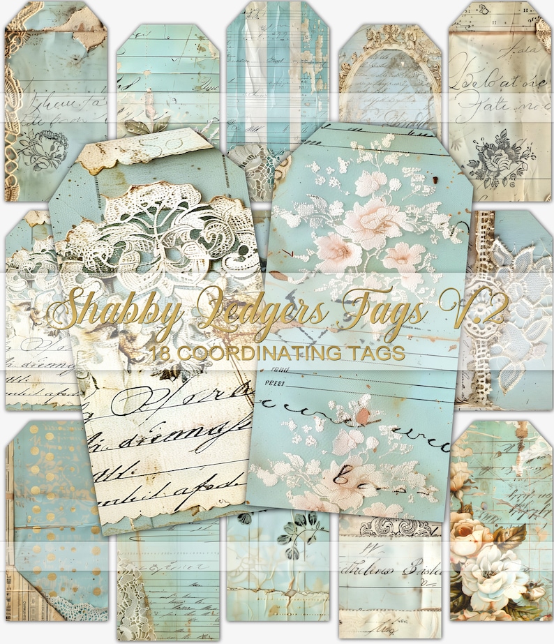 May include: A set of 18 coordinating digital scrapbook paper tags in a shabby chic style. The tags feature a variety of designs, including floral patterns, lace, and handwritten text. The tags are perfect for adding a vintage touch to your crafts.