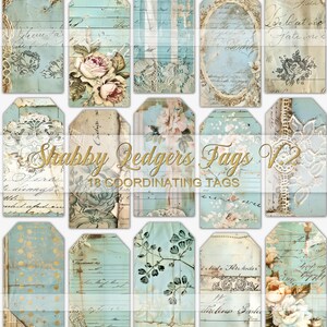 May include: A set of 18 vintage-style gift tags with a shabby chic theme. The tags feature a variety of designs, including floral patterns, lace, and handwritten text. The tags are printed on a light blue background with gold accents. "Shabby Ledgers Tags V.2 18 Coordinating Tags" is printed in gold on the tags.