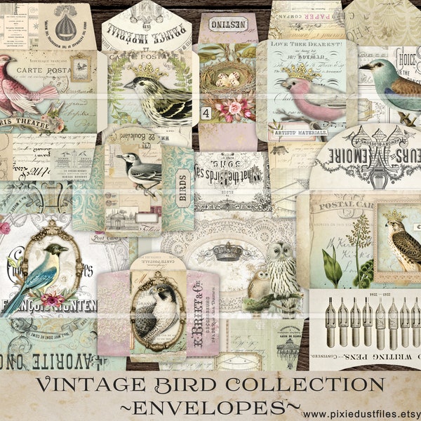 Bird Junk Journal Envelopes, printable coin envelope, vintage bird images journaling supplies ephemera kit digital download collage sheet VB