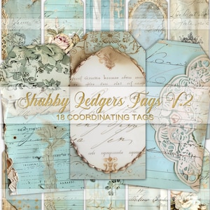 Etiquetas de diário imprimíveis Shabby Ledgers, itens efêmeros de diário azul, papel para impressão, itens efêmeros digitais, papel para scrapbook, folha de colagem vintage