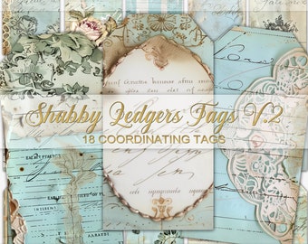 Shabby Ledgers printable journal tags, blue junk journal ephemera, printable paper, digital ephemera, scrapbook paper, vintage collage sheet