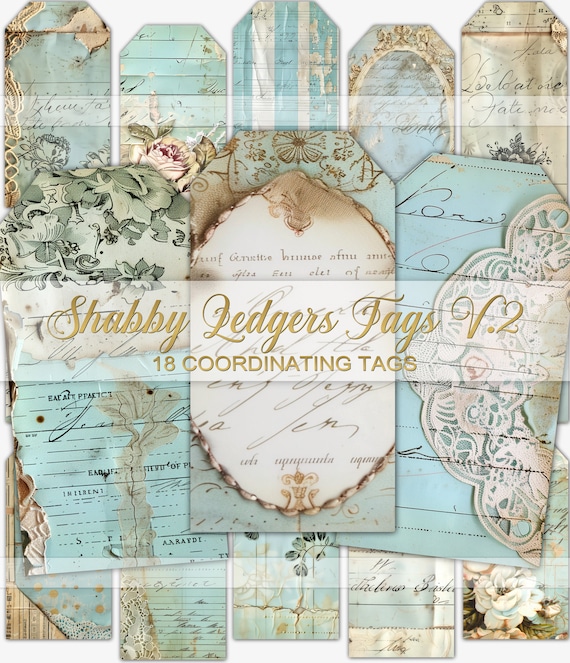 Shabby Ledgers printable journal tags, blue junk journal ephemera, printable paper, digital ephemera, scrapbook paper, vintage collage sheet