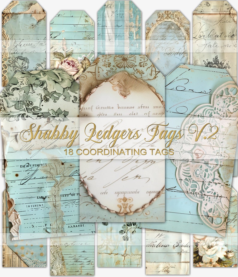 May include: A set of 18 coordinating digital scrapbook paper tags in a shabby chic style. The tags feature a variety of blue and white patterns, including floral designs, lace, and handwritten text. The text on the tags reads "Shabby Ledgers Tags V.2" and "18 Coordinating Tags".