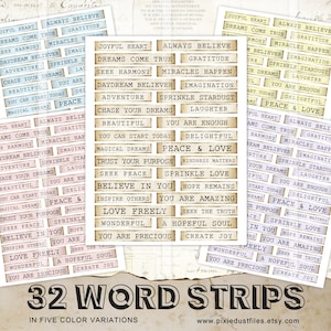 ausdruckbare Junk Journal Wörter, positive Zitate, Affirmationen, Etiketten im Vintage-Stil, Ephemera, Scrapbooking, Papierpaket, digitales Collageblatt