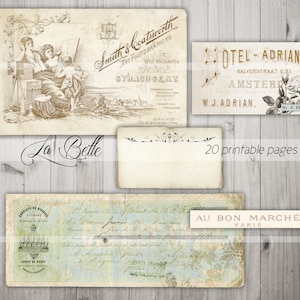 Op de afbeelding: Een verzameling vintage printbare pagina's met afbeeldingen en tekst. De pagina's bevatten een foto van twee vrouwen, een hotelreclame, een handgeschreven notitie en een winkelreclame. De pagina's zijn in tinten bruin, blauw en groen.