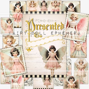 Fairy Doll Junk Journal Ephemera, download digital, cartões de registro no diário, tags, diário de fadas para impressão, álbum de recortes, clip art, criação de cartões