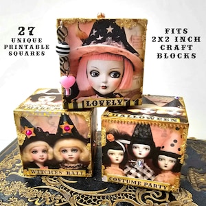 May include: Set of four 2x2 inch craft blocks featuring a Halloween theme. The blocks are decorated with images of witches, cats, and other Halloween imagery. The blocks are perfect for crafting, decorating, or playing.