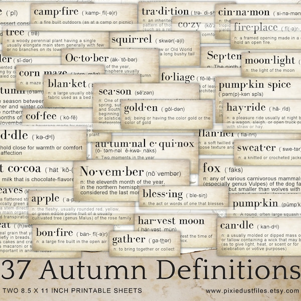 Autumn Dictionary Definitions, ephemera words, junk journal, fall ephemera pack, bullet journal supplies, collage printables, scrapbook