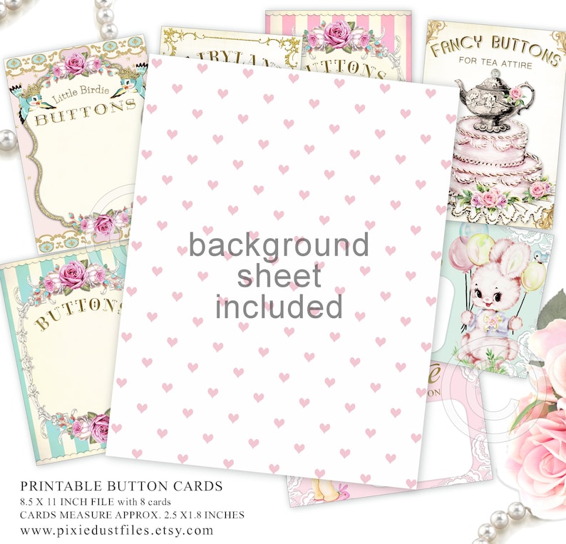 May include: A collection of printable button cards with a vintage aesthetic. The cards feature floral and whimsical designs, including a bunny with balloons and a tiered cake. The background sheet is included. The cards measure approximately 2.5 x 1.8 inches.