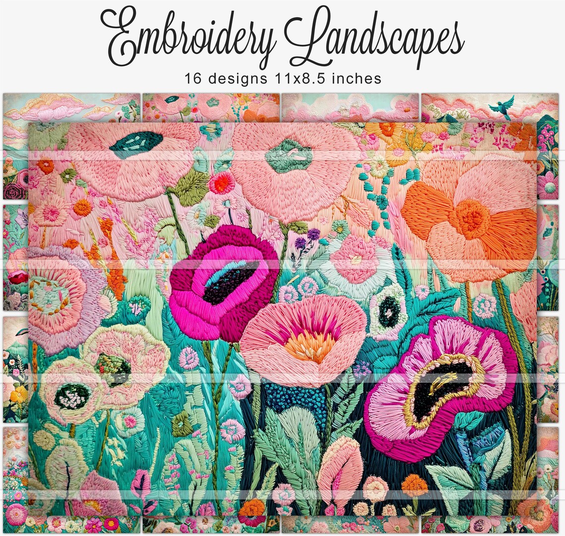 Floral Embroidery Paper, Landscapes, Printable Digital Papers, Junk ...