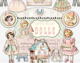 Paper Doll Junk Journal Kit, tall and slim journal, printable kit, digital download, vintage paper dolls travelers notebook journaling pages