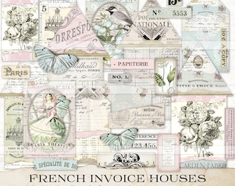 vintage invoices junk journals, printable journaling tags, pockets, French invoices, vintage ephemera, journal supplies, vintage paper pack